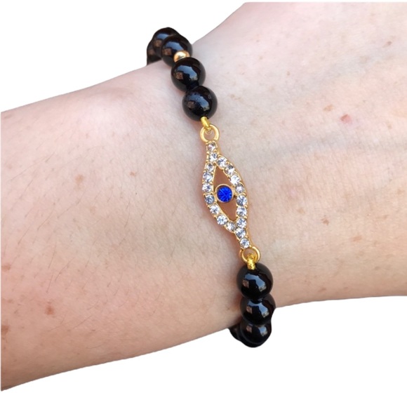 Evil Eye black agate Beaded stretch Bracelet - Picture 3 of 16